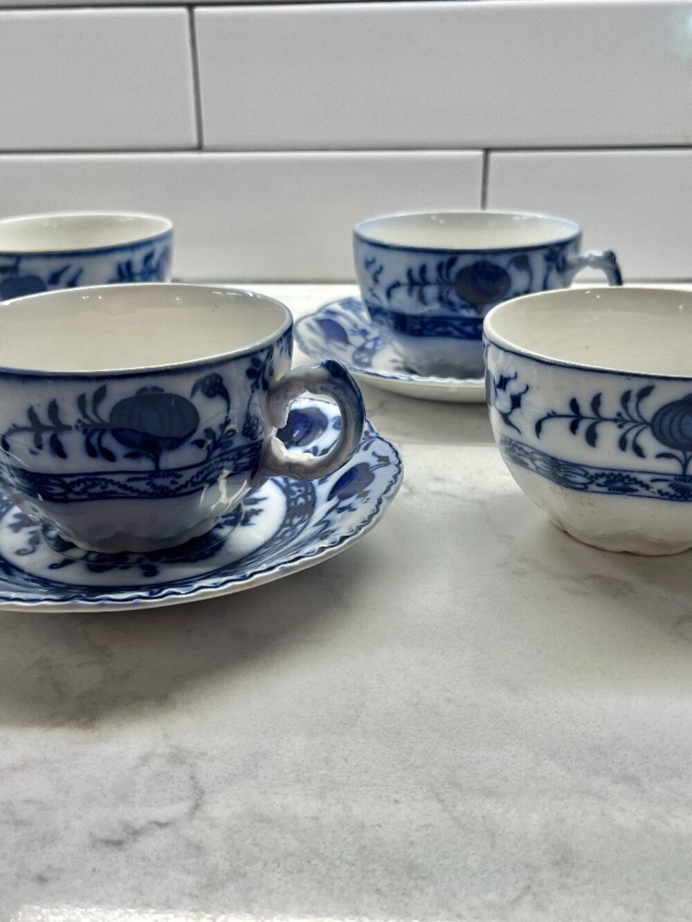 (3) Antique Johnson Brothers Holland Flow Blue "Blue Onion" Flat Cups & Saucers